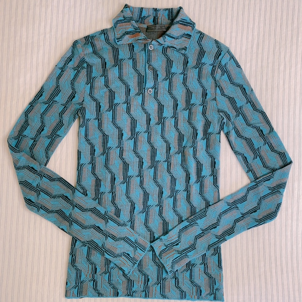 Prada Teal Geometric Knit Turtleneck Top Size 44 (NWOT)